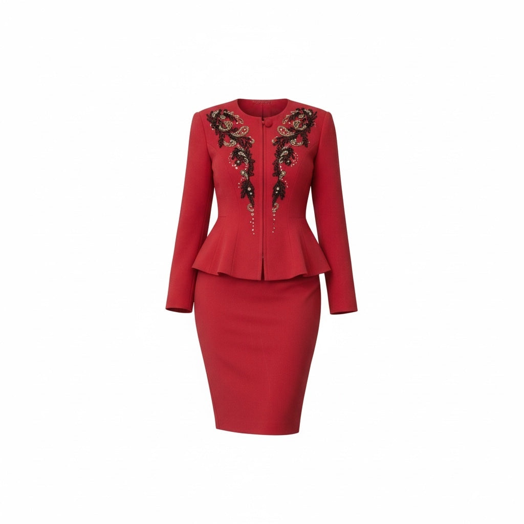 Vintage IIF Red Embellished Peplum Skirt Suit