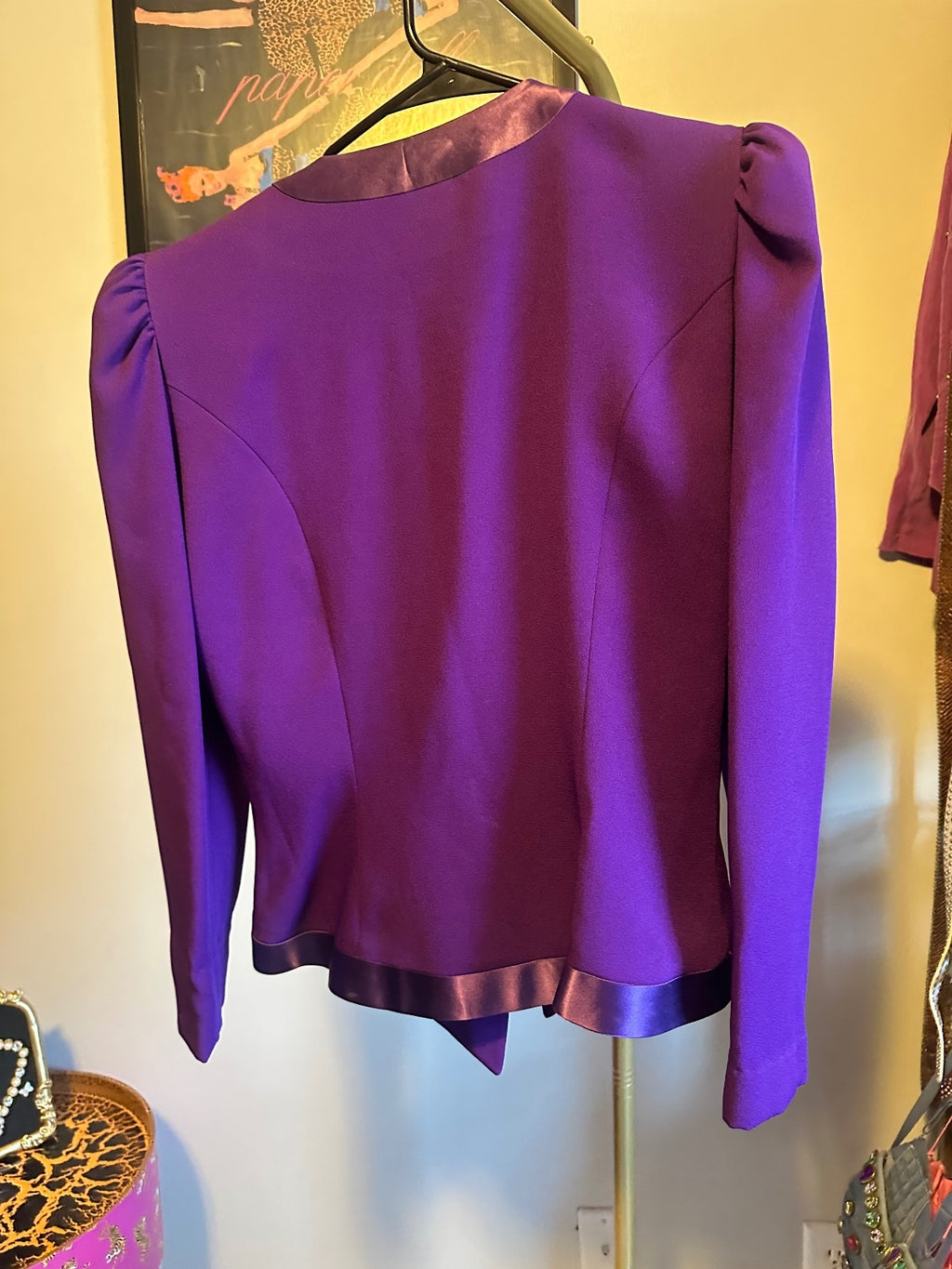 Vintage Cache Purple Satin-Trim Puff Shoulder Jacket