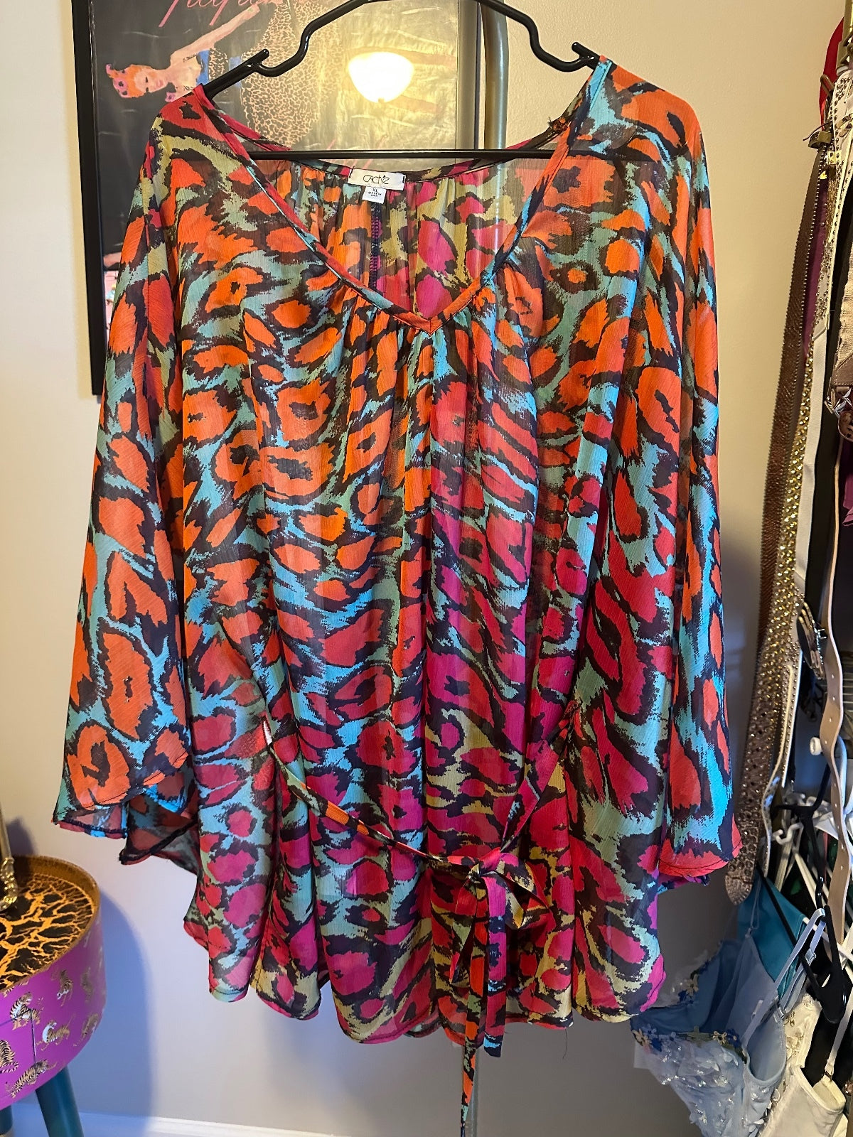 Cache Sheer Animal Print Drawstring Blouse