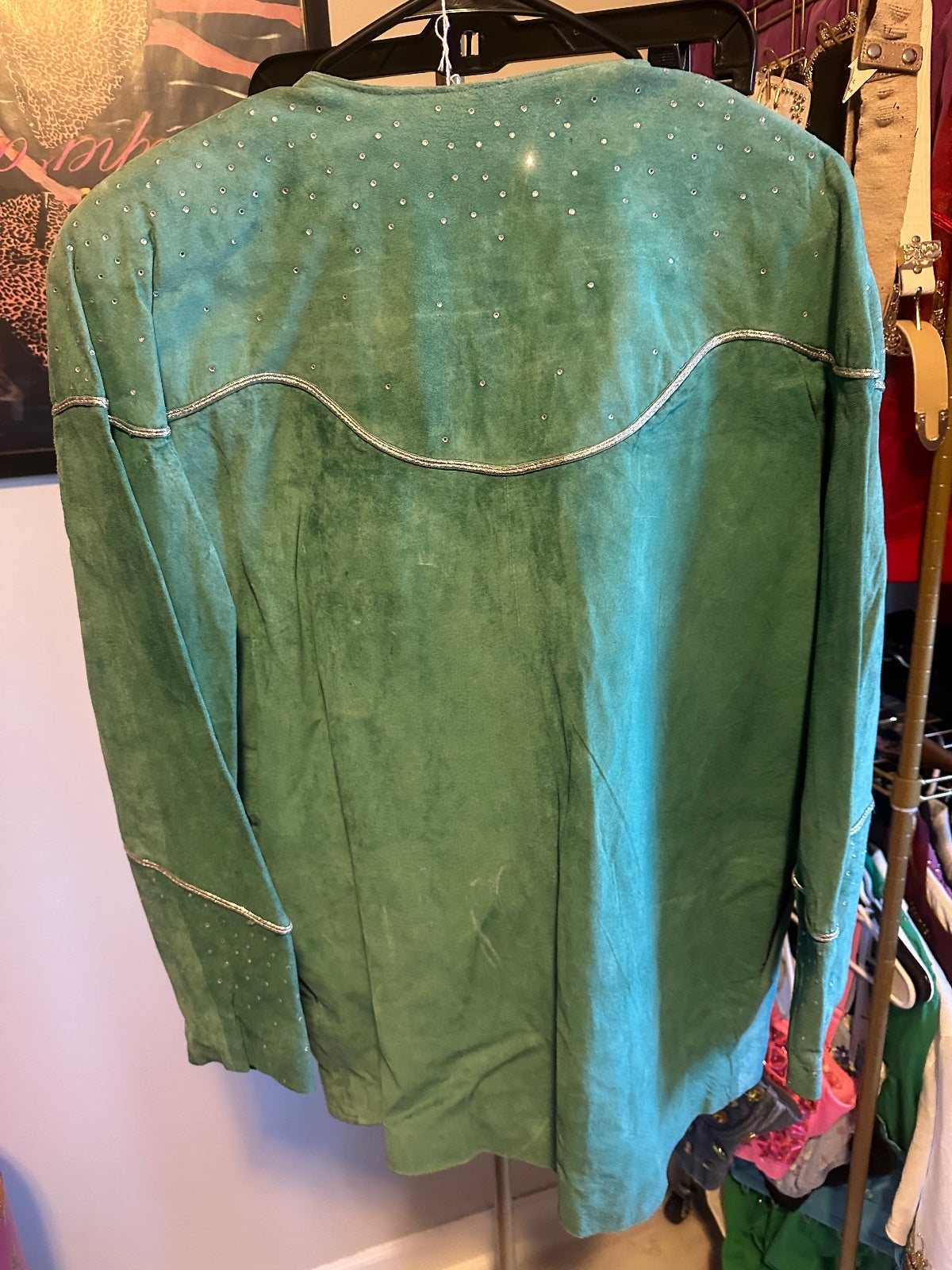 Vintage Cache Teal Suede Rhinestone-Embellished Jacket & Skirt Set