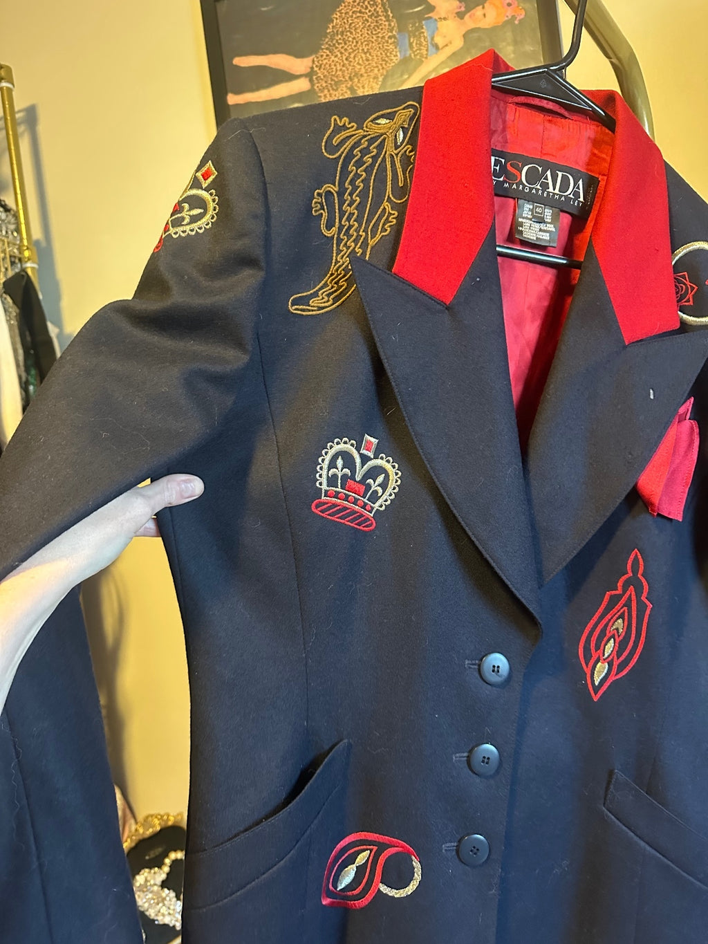 Vintage Escada Embroidered Navy & Red Blazer 40