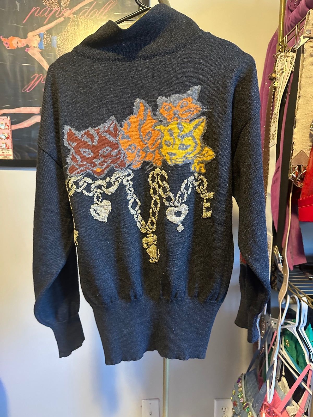 Vintage Escada Cat Intarsia Knit Sweater