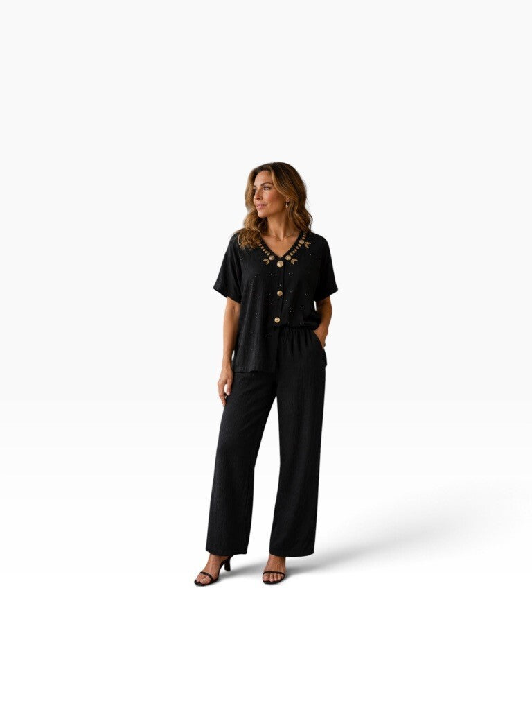 Vintage Black Gold Embellished Top & Pants Set
