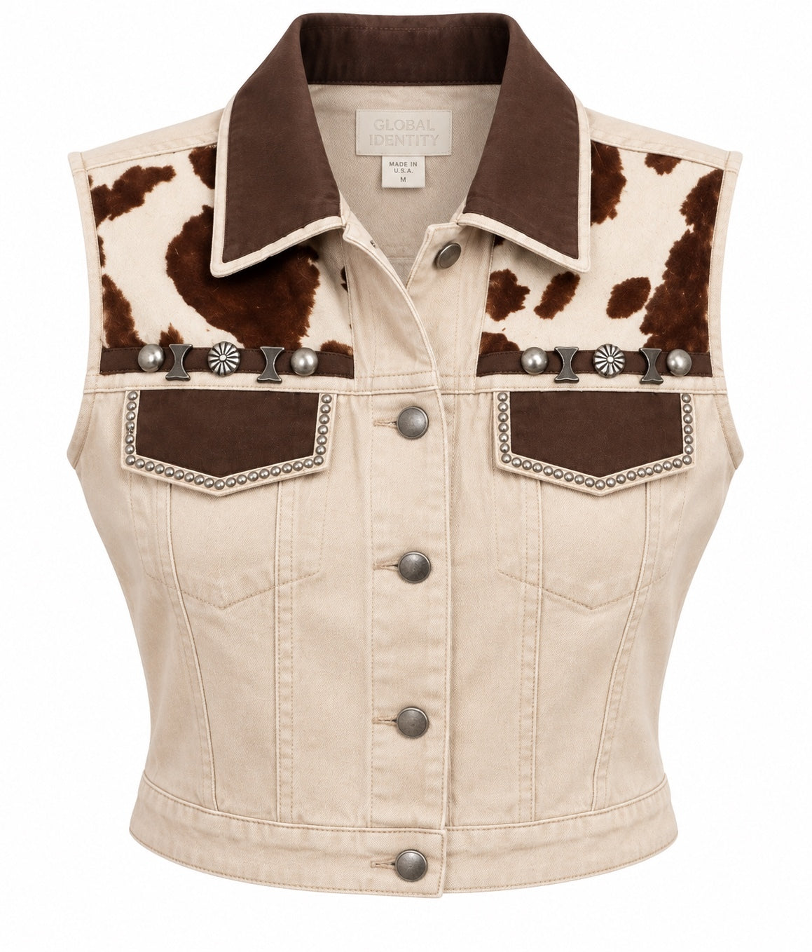 Vintage Cache Western-Inspired Cow Print Denim Vest