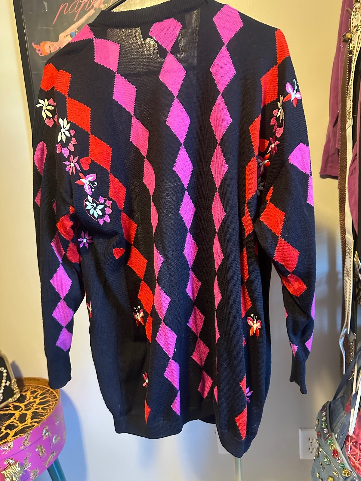 Vintage Escada Black, Pink & Red Argyle Cardigan 38