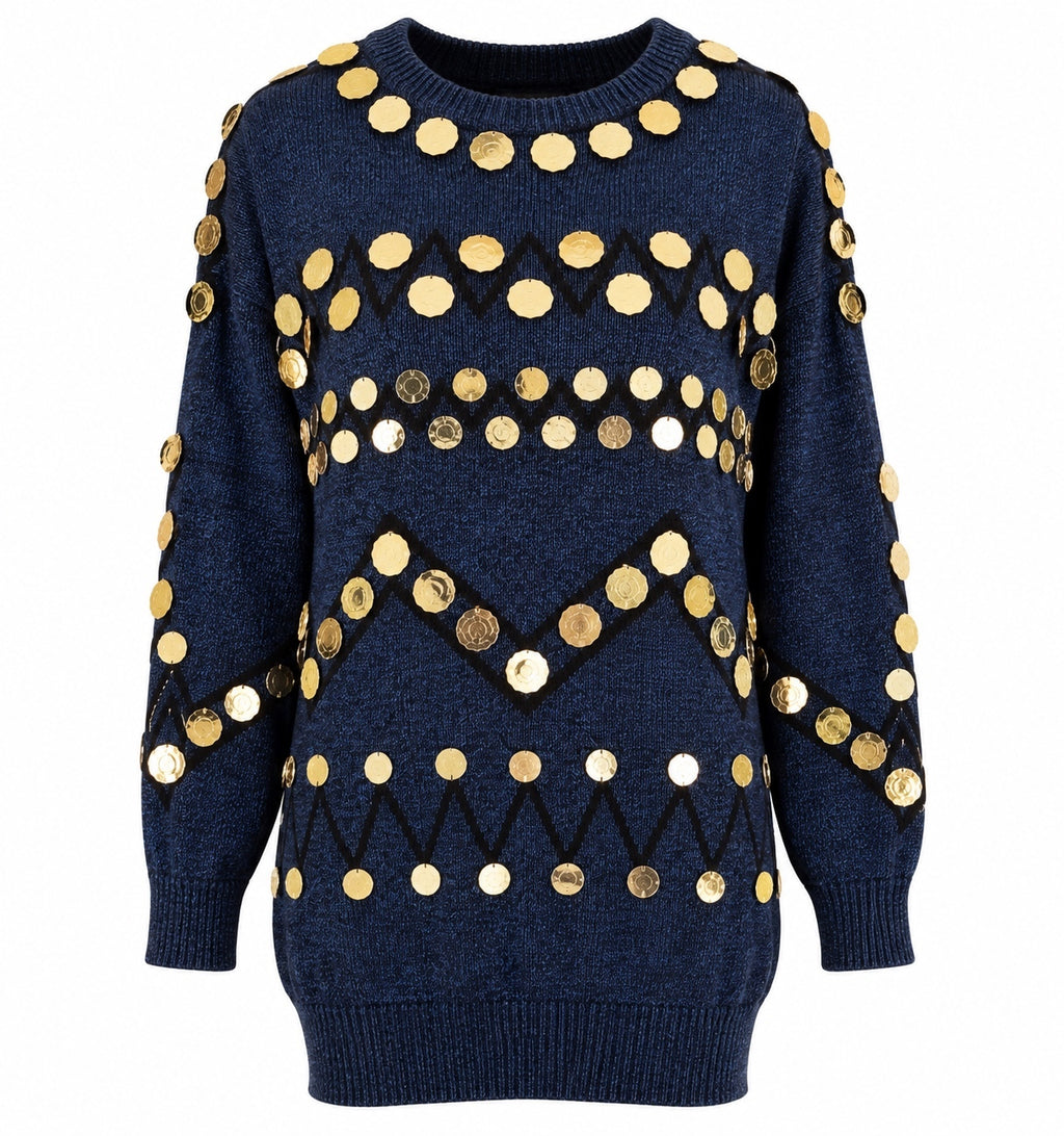 Vintage Bonnie Boerer Coin Embellished Navy Sweater