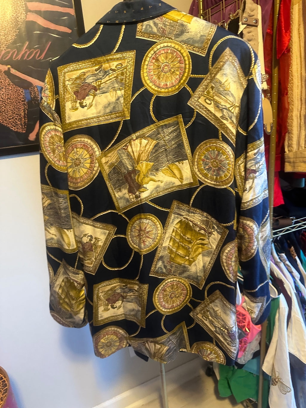 Vintage Platinum Nautical Print Blazer, Belt & Mustard Gold Tank Top