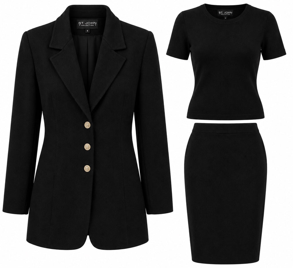 St. John Black 3-Piece Skirt Suit – Blazer, Top & Pencil Skirt