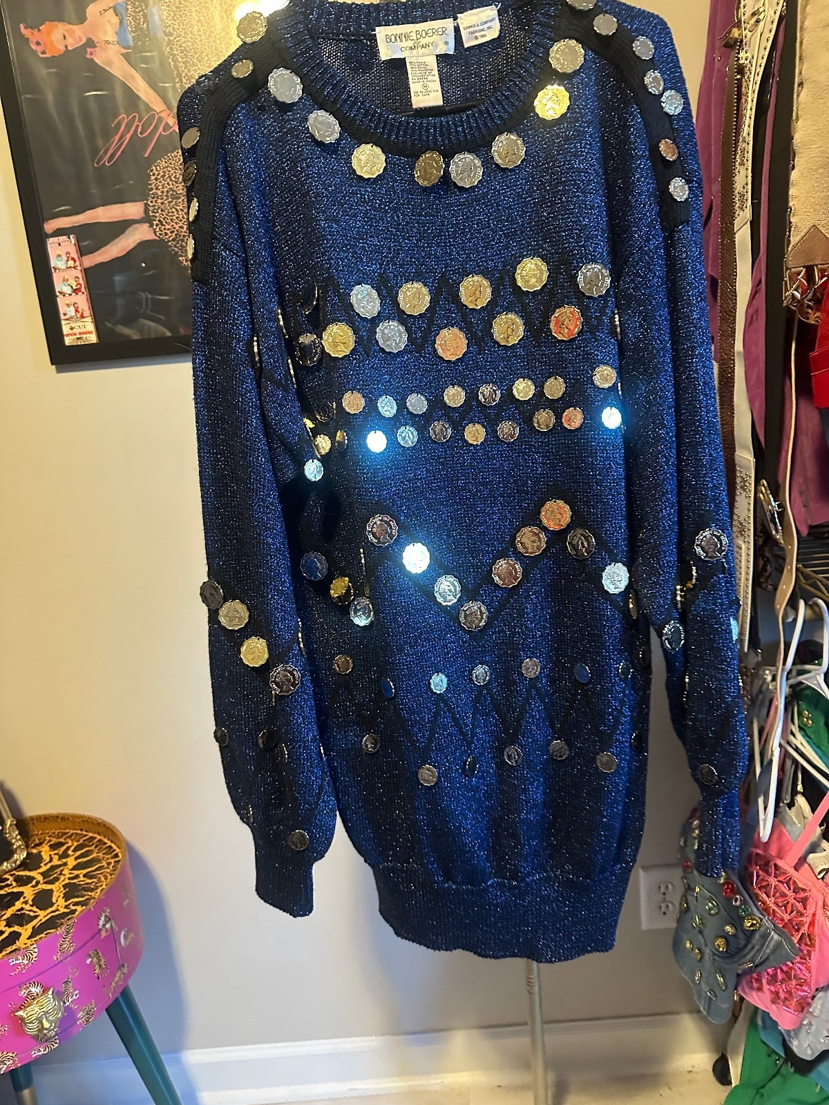 Vintage Bonnie Boerer Coin Embellished Navy Sweater