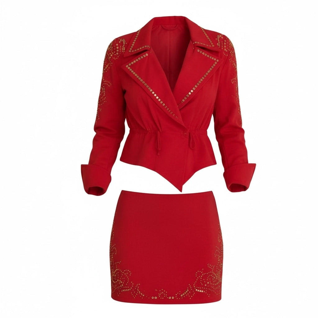 Vintage IIF Red Rhinestone Embellished Skirt Suit