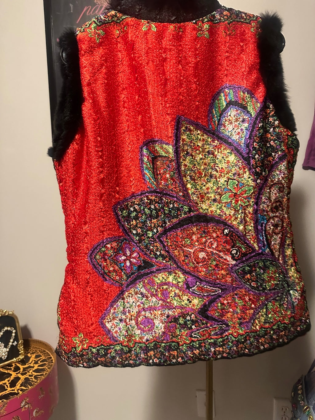 Vintage Red Patchwork Faux Fur Trim Vest