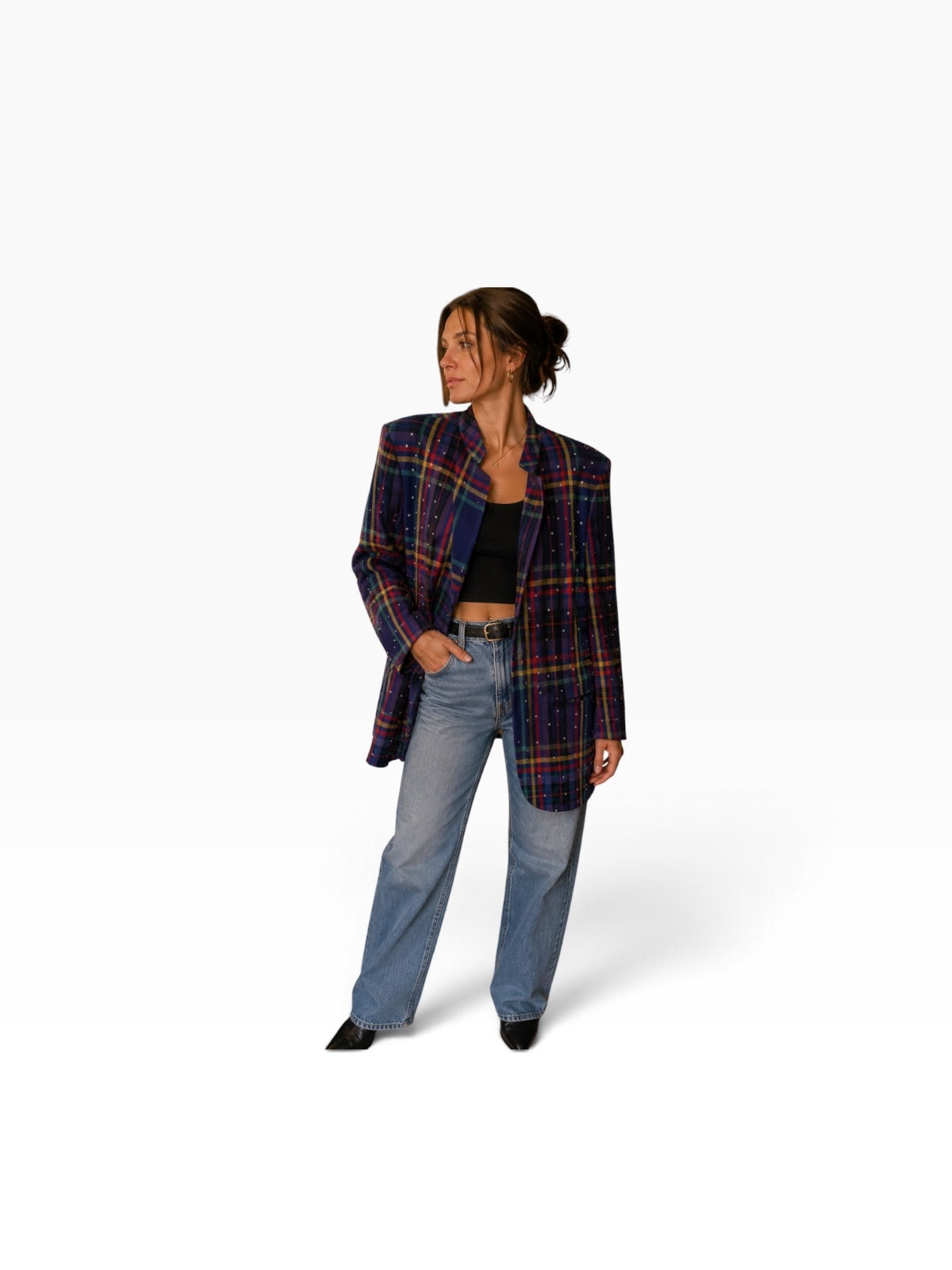 Cedars Rhinestone Embellished Navy Tartan Plaid Blazer