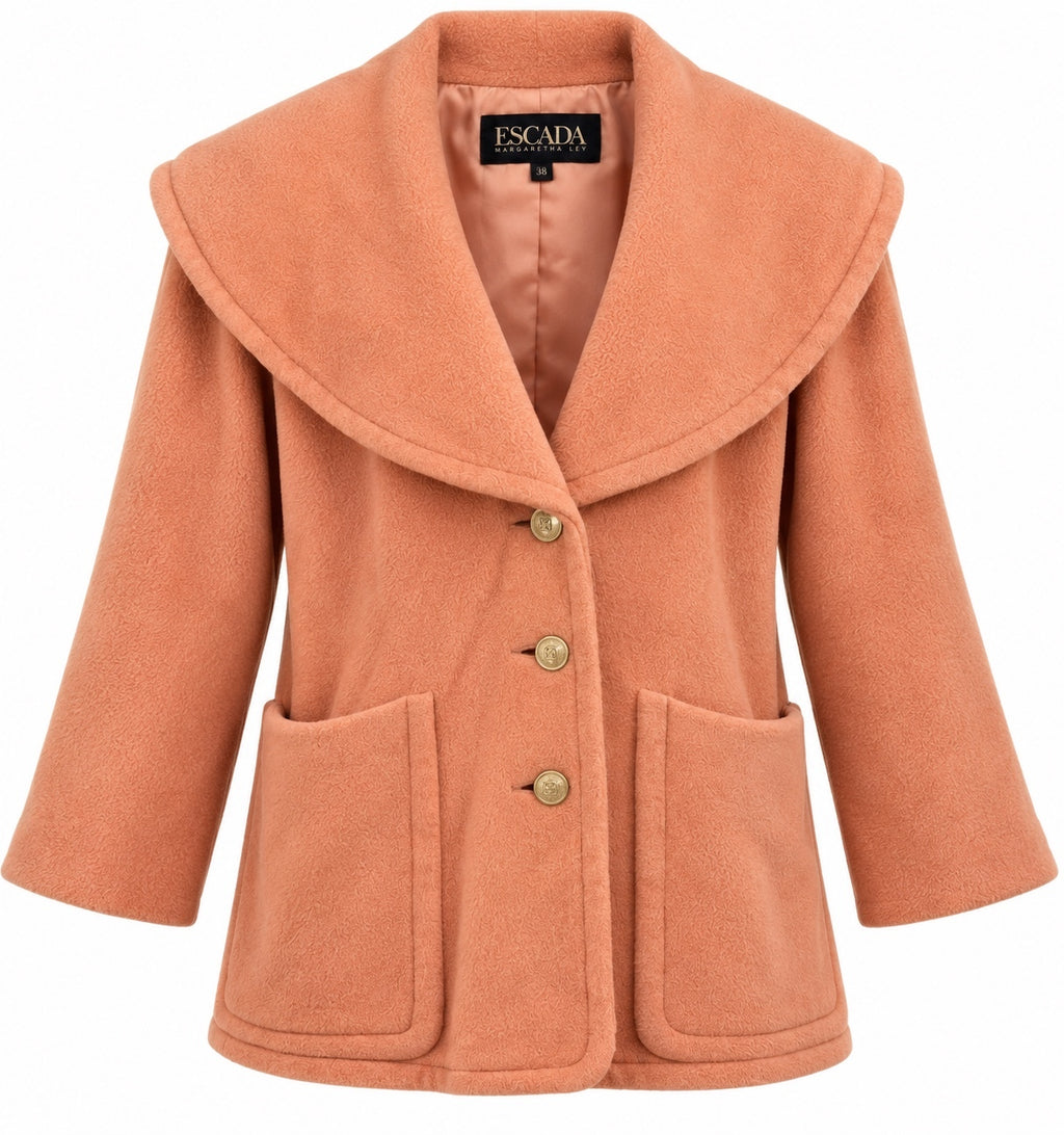 Vintage Escada Margaretha Ley Peach Wool Coat – Oversized Shawl Collar 38