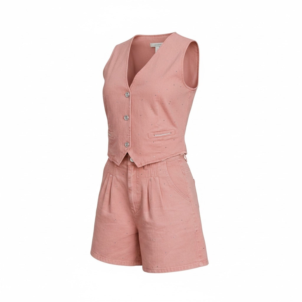 Cache Pink Rhinestone Embellished Vest & Shorts Set