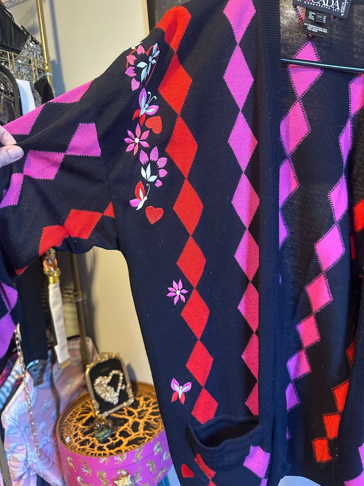 Vintage Escada Black, Pink & Red Argyle Cardigan 38