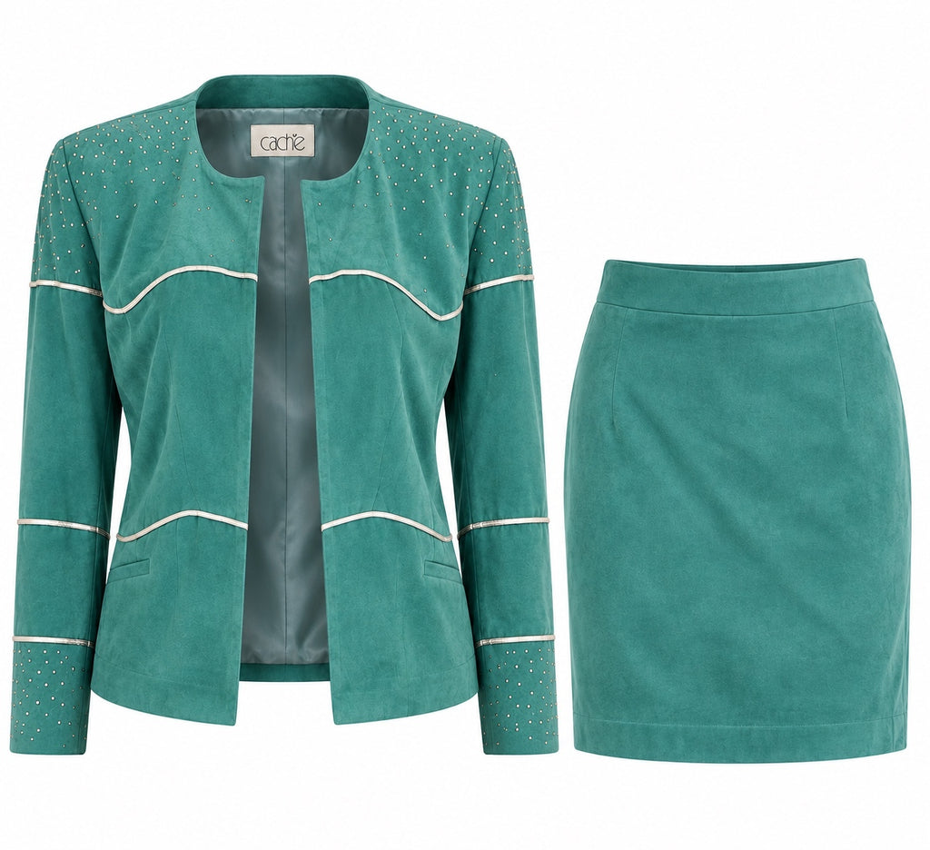 Vintage Cache Teal Suede Rhinestone-Embellished Jacket & Skirt Set