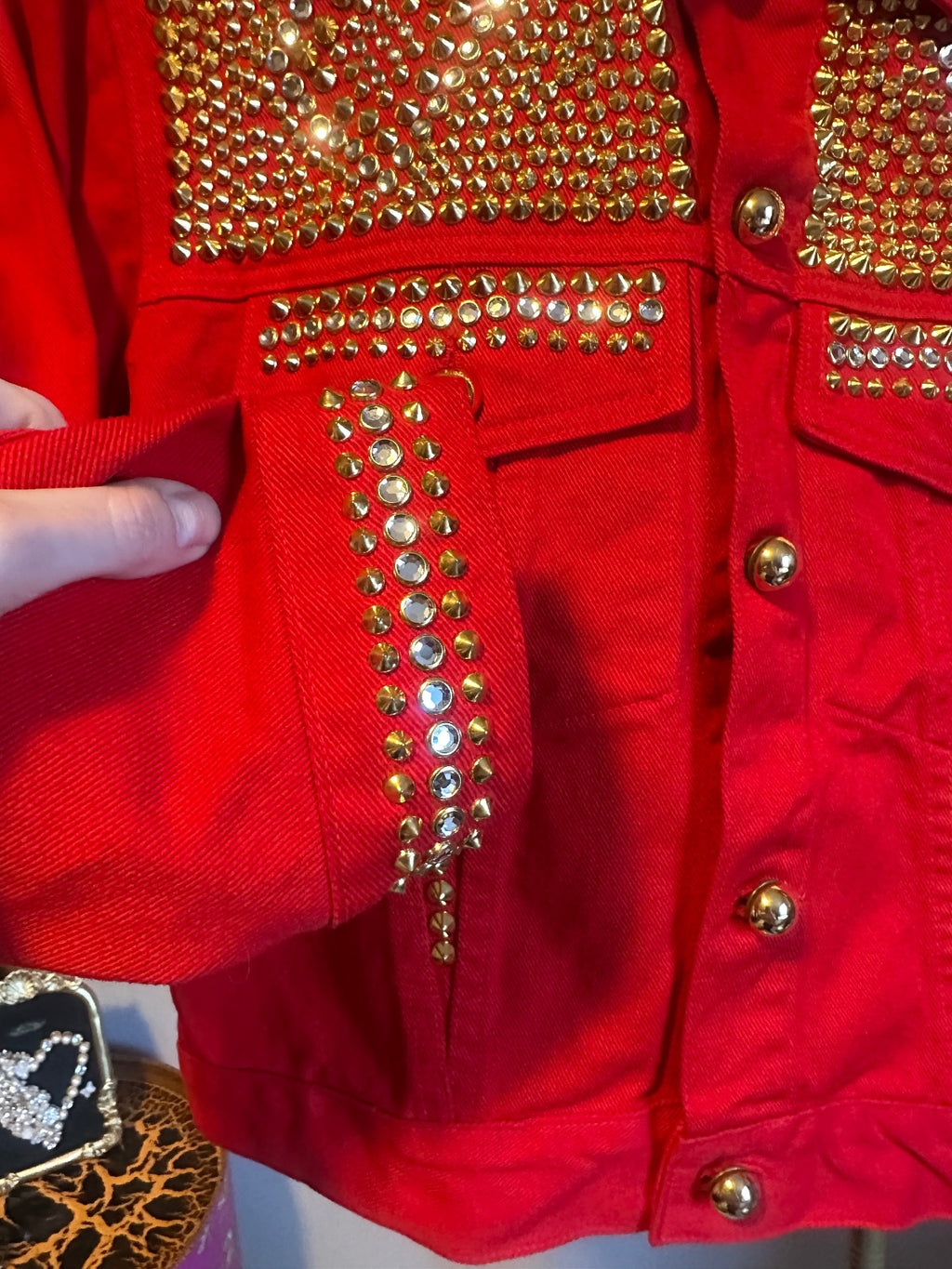Cache Red Studded Denim Jacket
