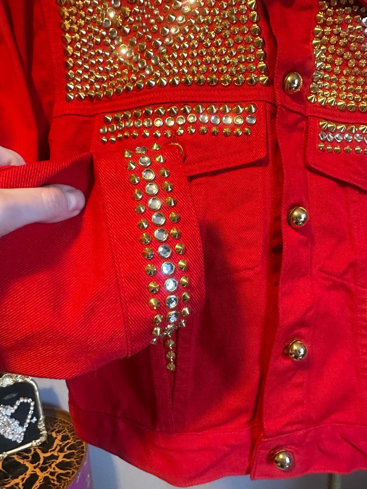 Cache Red Studded Denim Jacket
