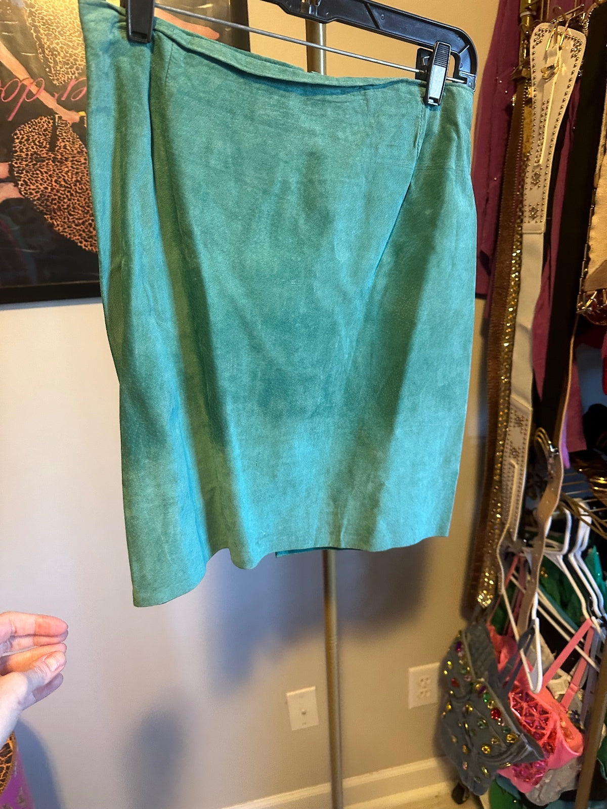 Vintage Cache Teal Suede Rhinestone-Embellished Jacket & Skirt Set