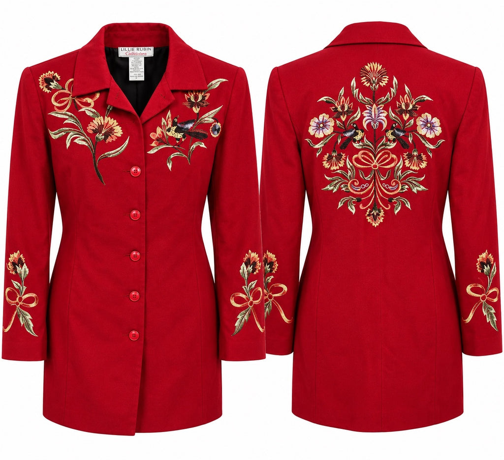 Victor Costa Red Embroidered Floral Statement Coat