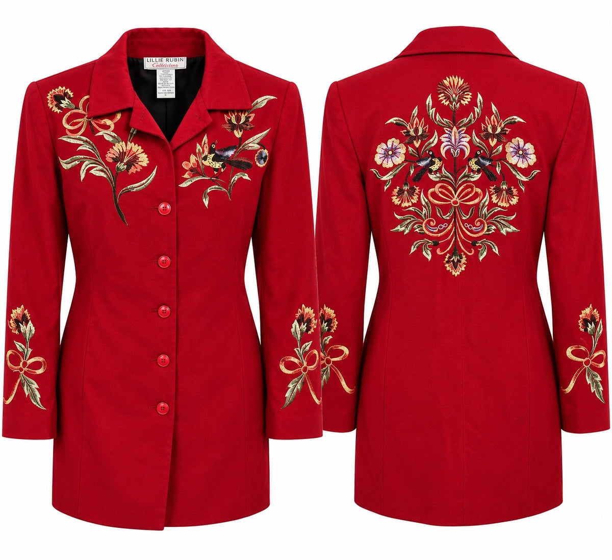 Victor Costa Red Embroidered Floral Statement Coat