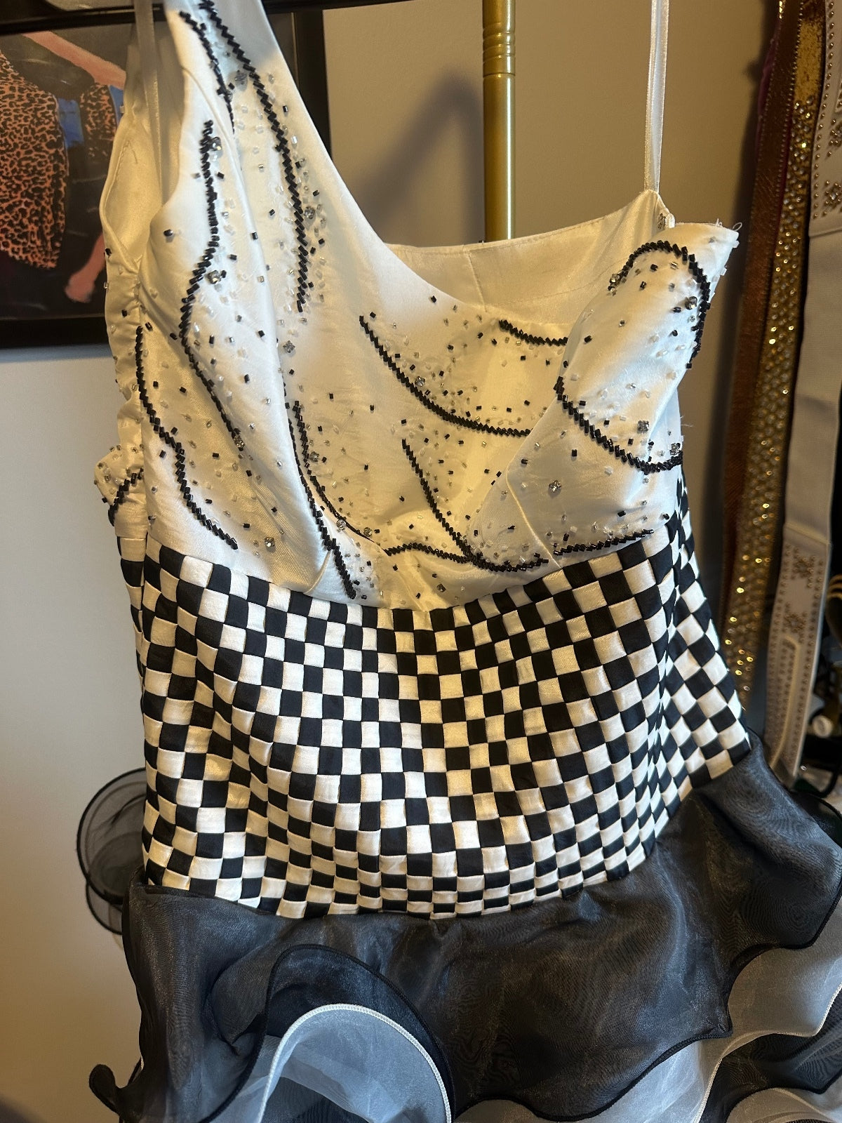 Vintage White & Black Ruffled Evening Gown