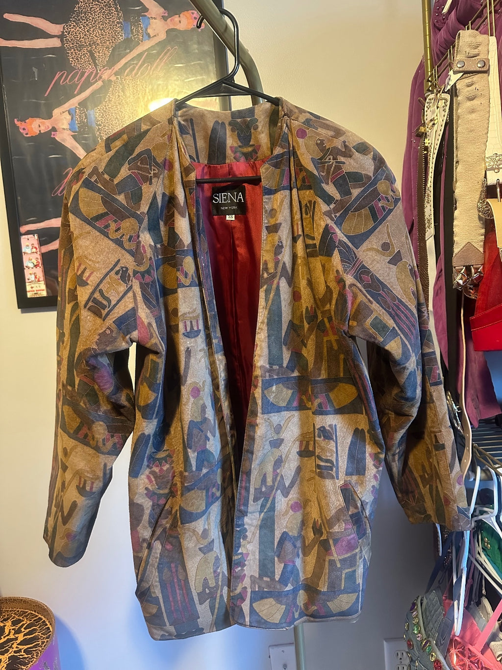 Vintage SIENA Genuine Leather Abstract Print Blazer – Brown & Burgundy
