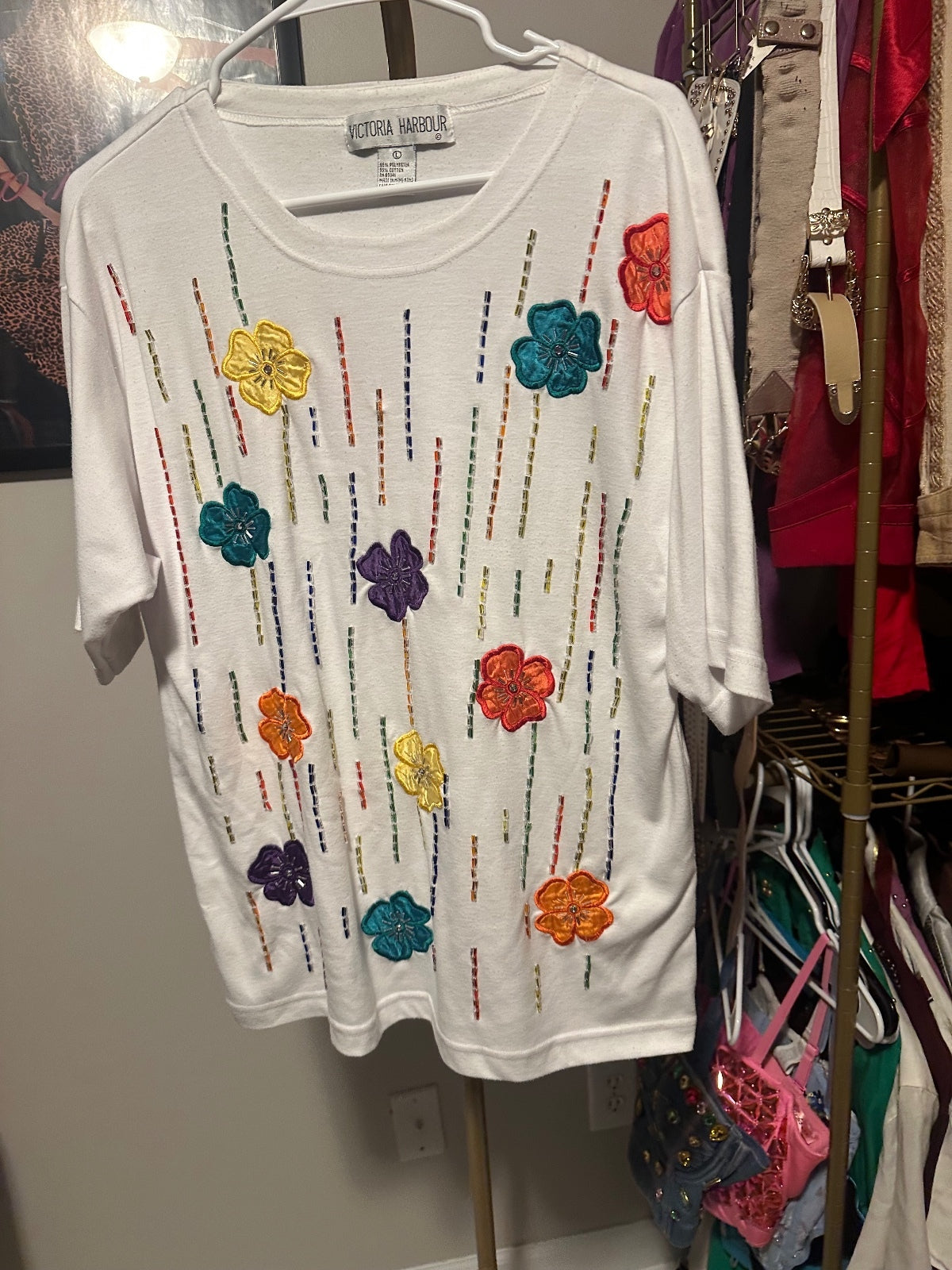 Vintage White Multicolor Floral Embellished T-Shirt