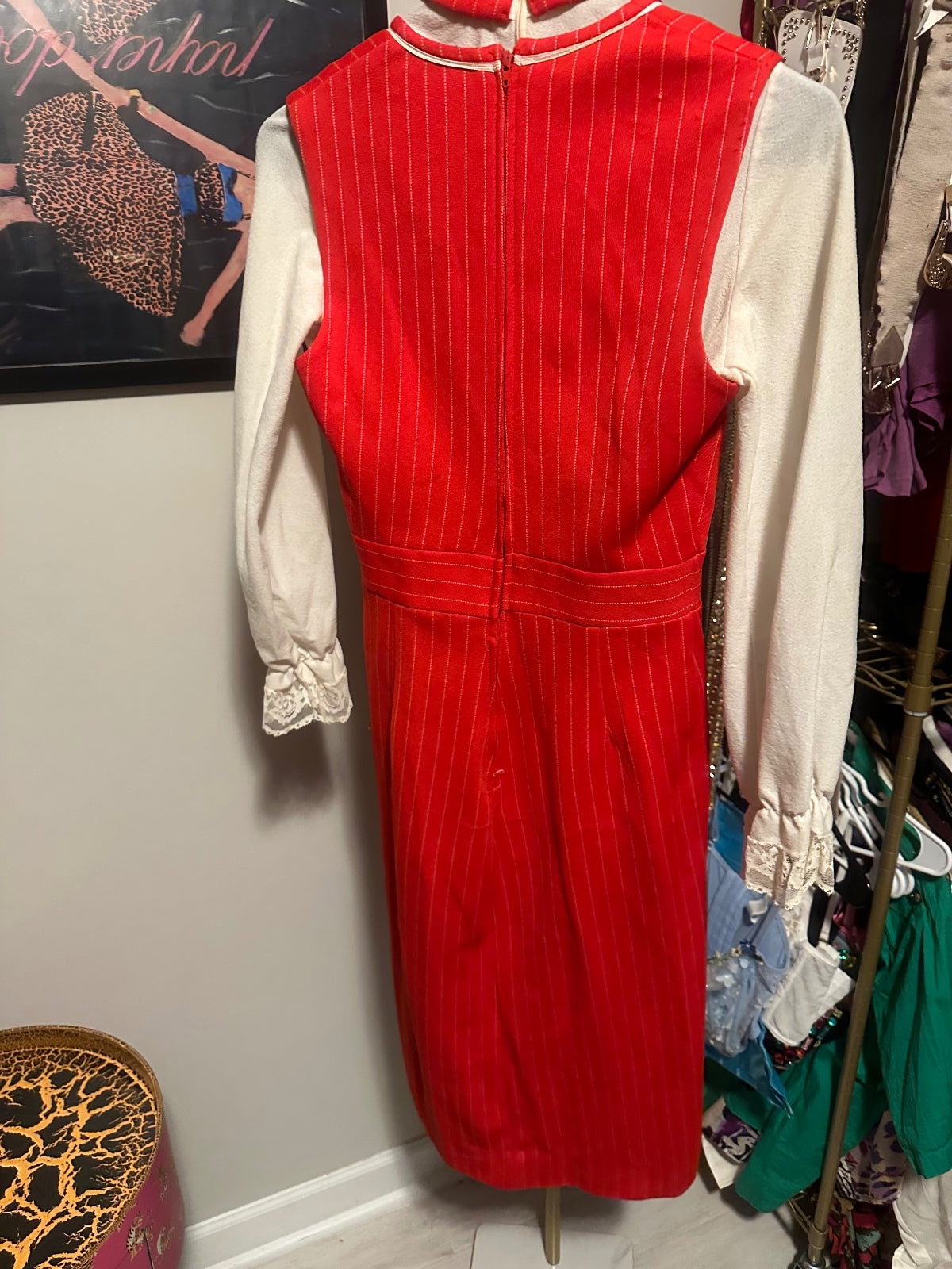 1970s Red Pinafore Midi Dress with Lace Bodysuit