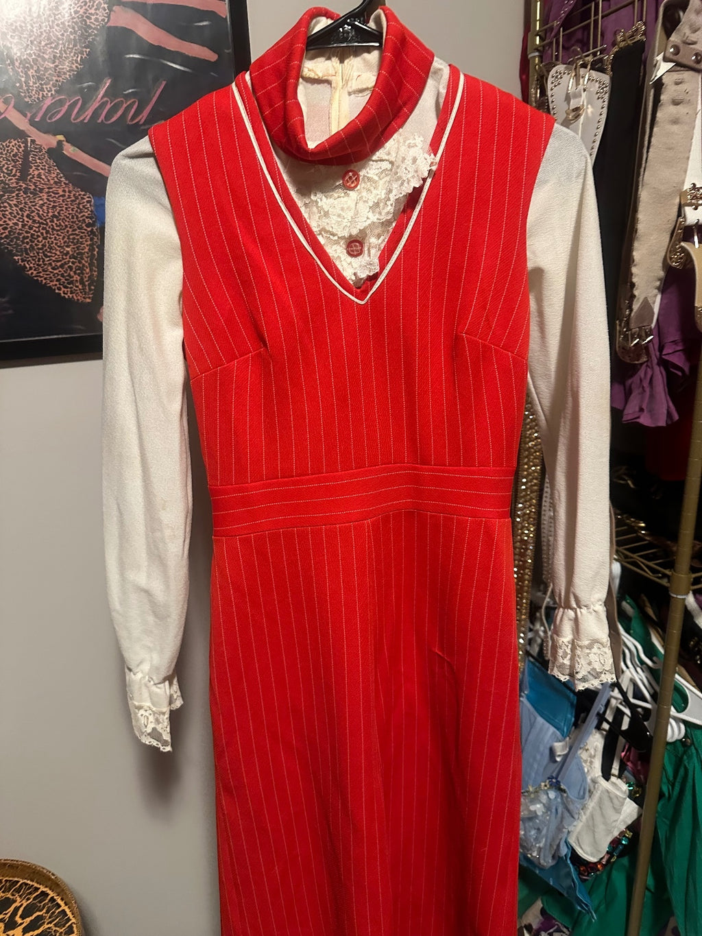 1970s Red Pinafore Midi Dress with Lace Bodysuit