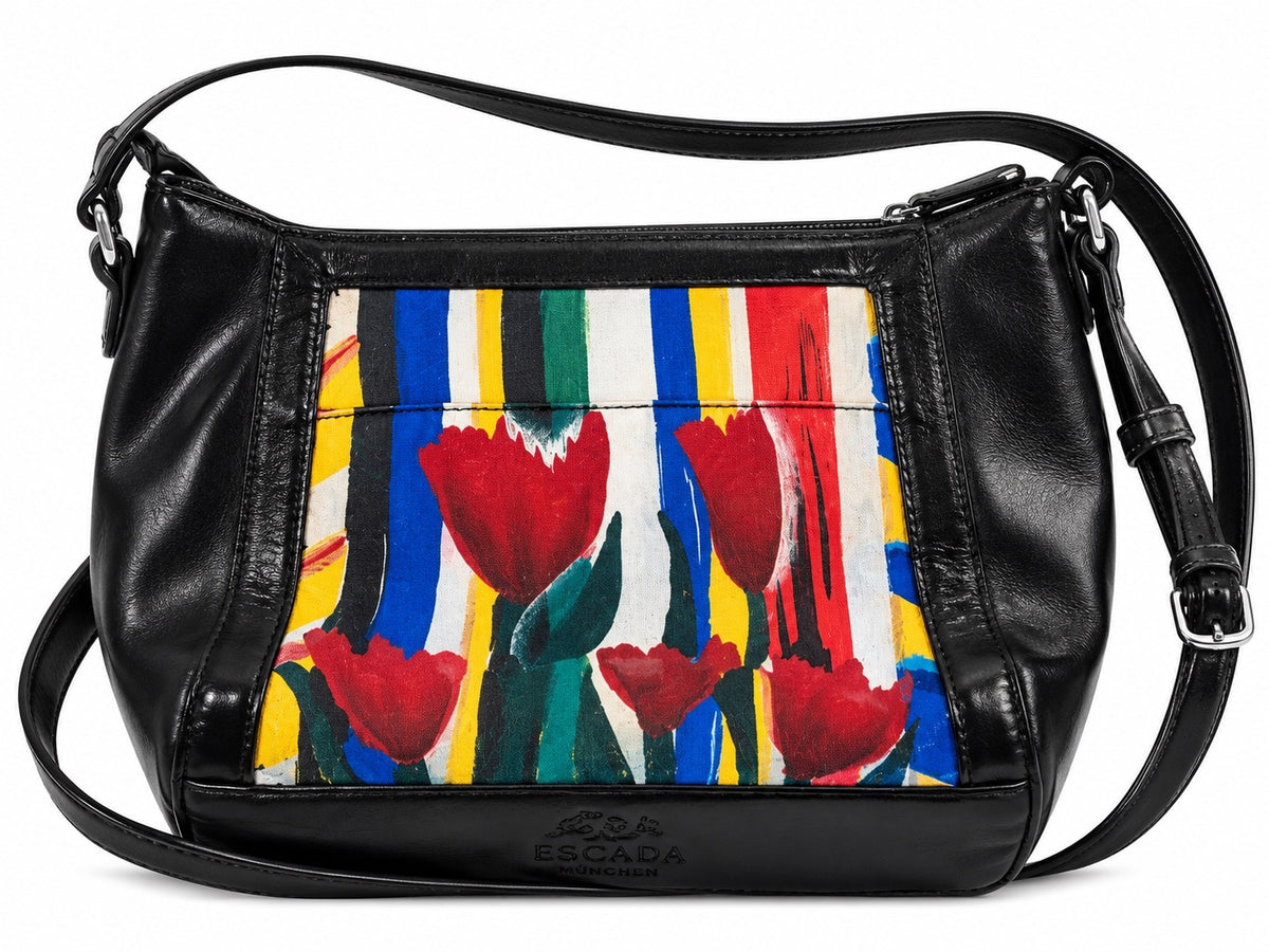Vintage Sharif Black Leather Floral Art Shoulder Bag