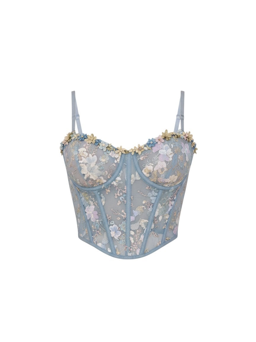 Dusty Blue Floral Embroidered Corset Bustier Top