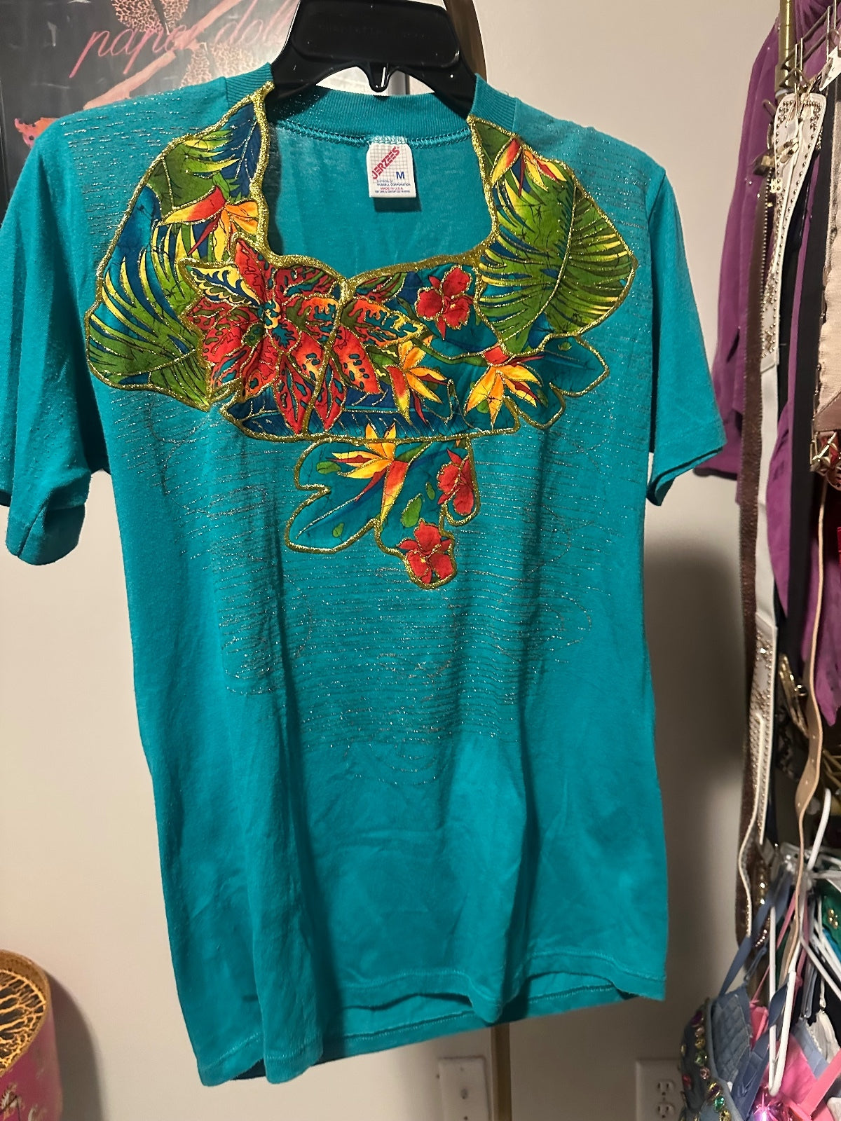 Vintage Teal Tropical Embroidered Puffy Paint T-Shirt