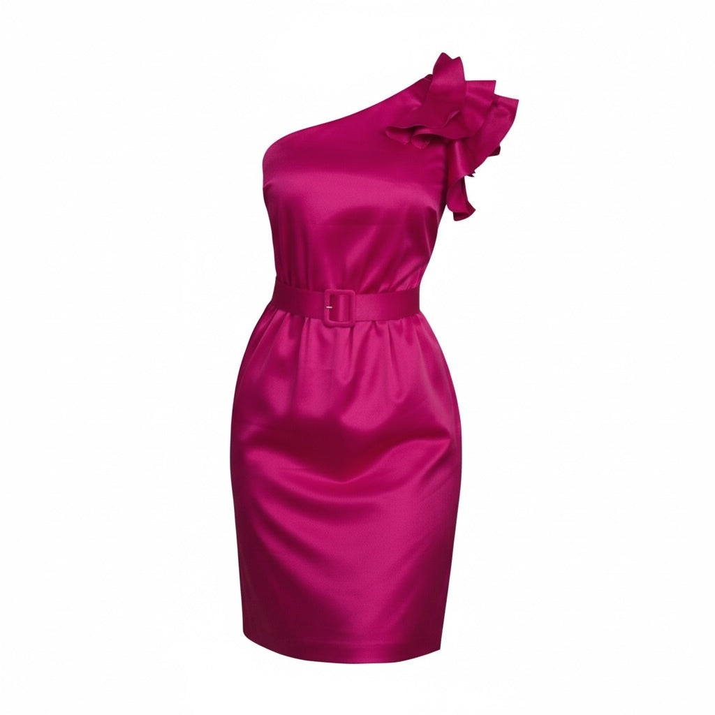 Vintage Cache Fuchsia Satin One-Shoulder Ruffle Dress