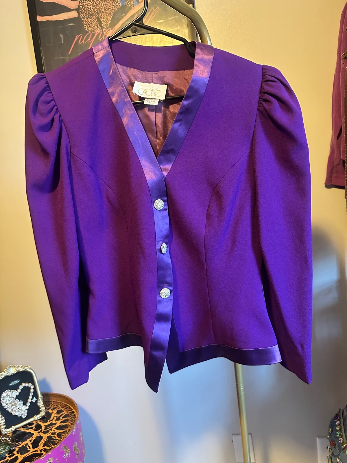 Vintage Cache Purple Satin-Trim Puff Shoulder Jacket