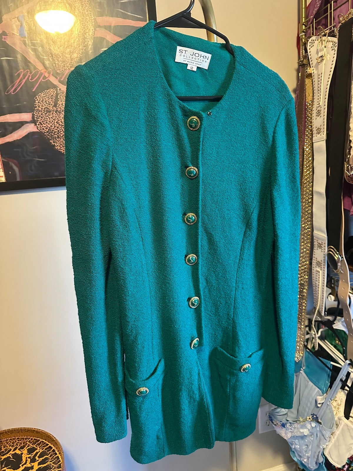 Vintage St. John Emerald Green Gold Button Knit Jacket