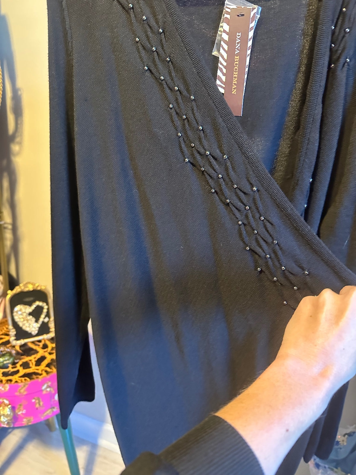 Dana Buchman Black Gold Studded V-Neck Cardigan