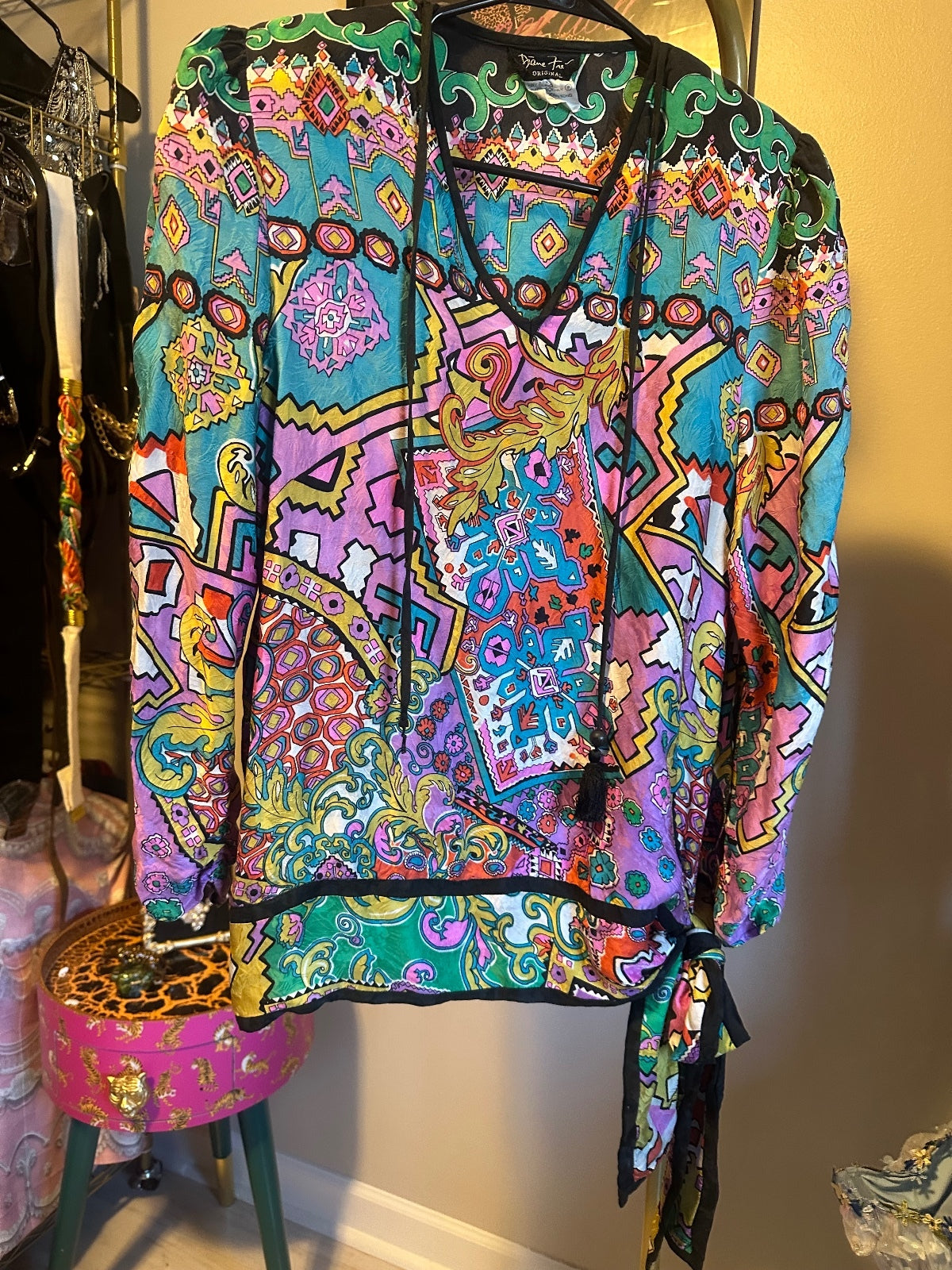 Vintage Diane Freis Silk Multicolor Boho Tunic Blouse