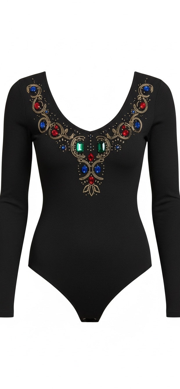 Black Jewel Embellished Long Sleeve Bodysuit