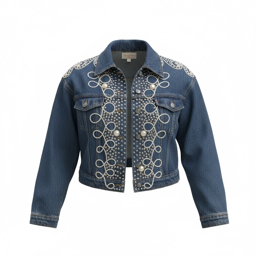 Vintage Cache Denim Rhinestone & Embroidered Cropped Jacket