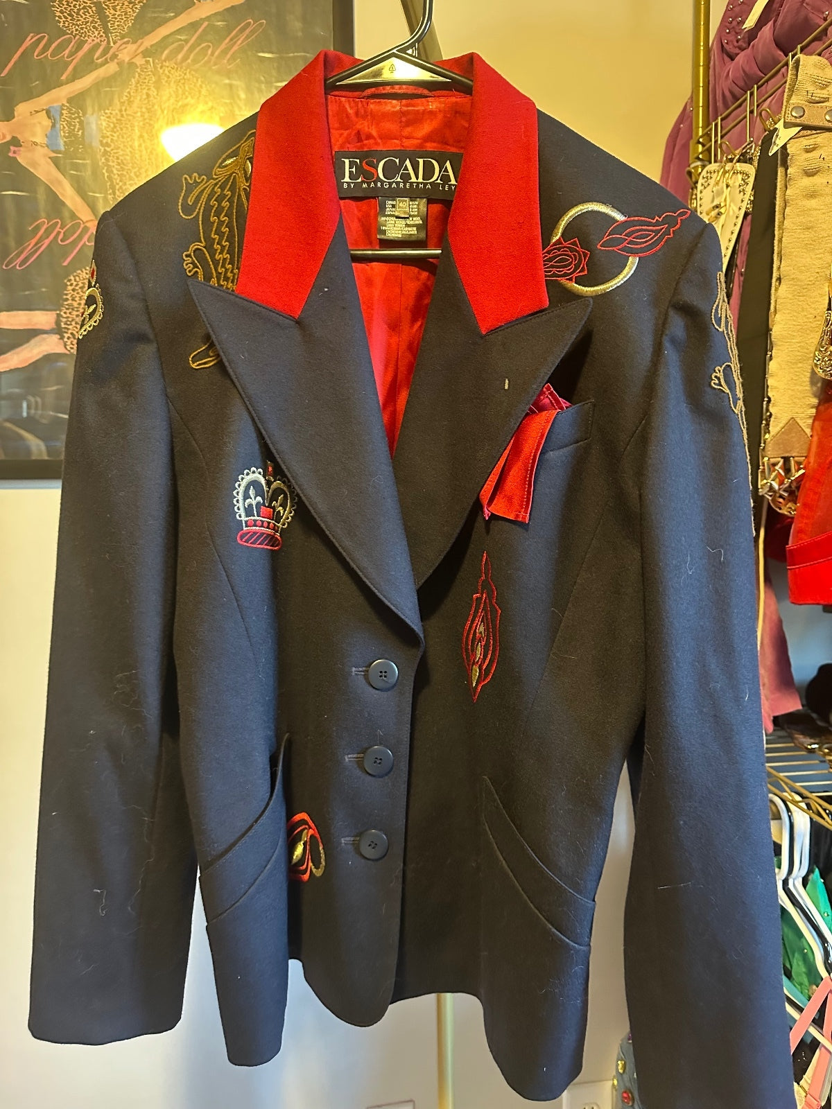 Vintage Escada Embroidered Navy & Red Blazer 40