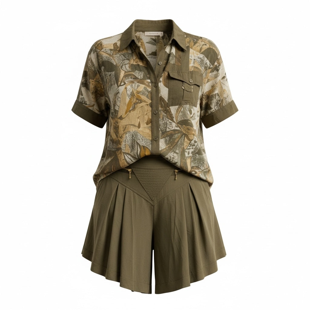 Cache Olive Abstract Print Top & Shorts Set