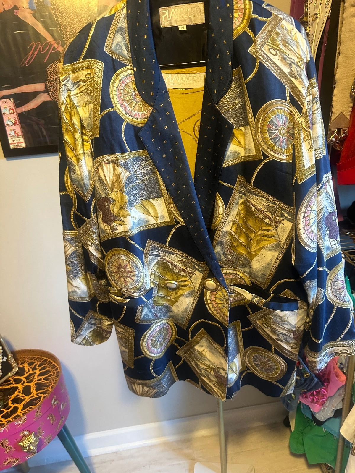 Vintage Platinum Nautical Print Blazer, Belt & Mustard Gold Tank Top