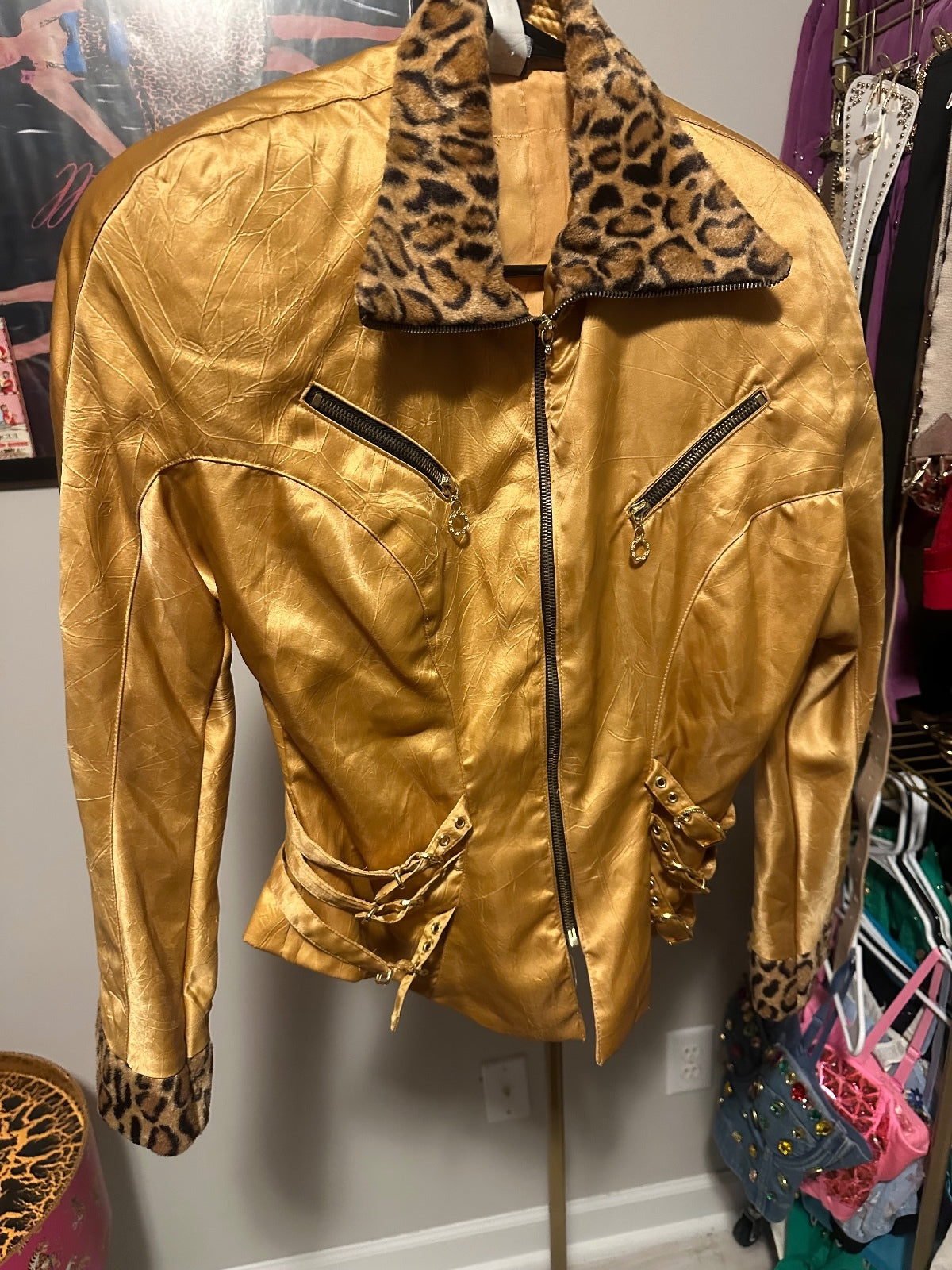 Vintage IIF Gold Leopard Trim Moto Jacket