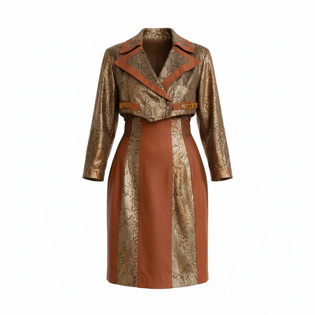 Cache Vintage Bronze Snakeskin & Cognac Dress