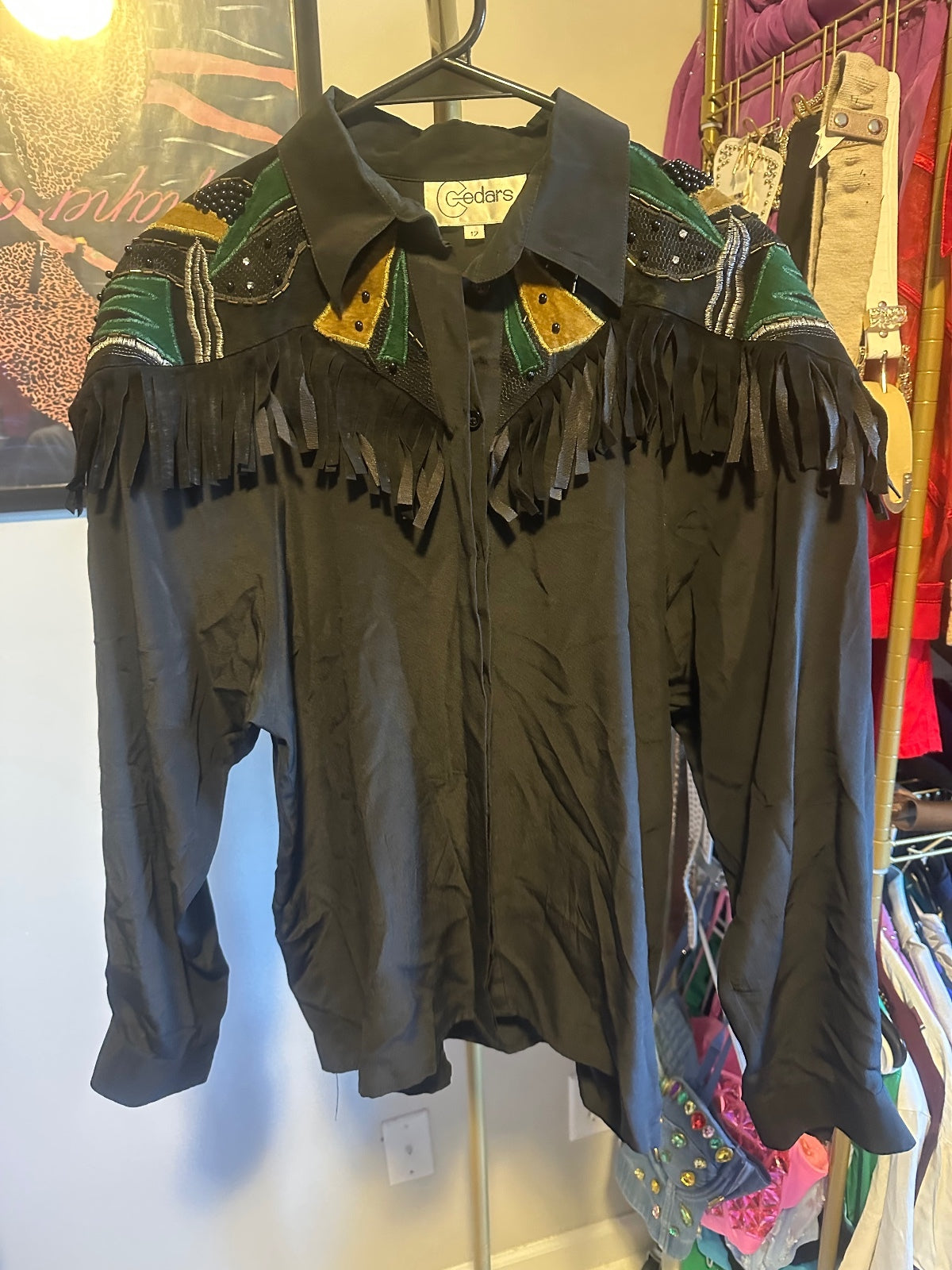 Vintage Cedars Silk & Leather Fringe Blouse