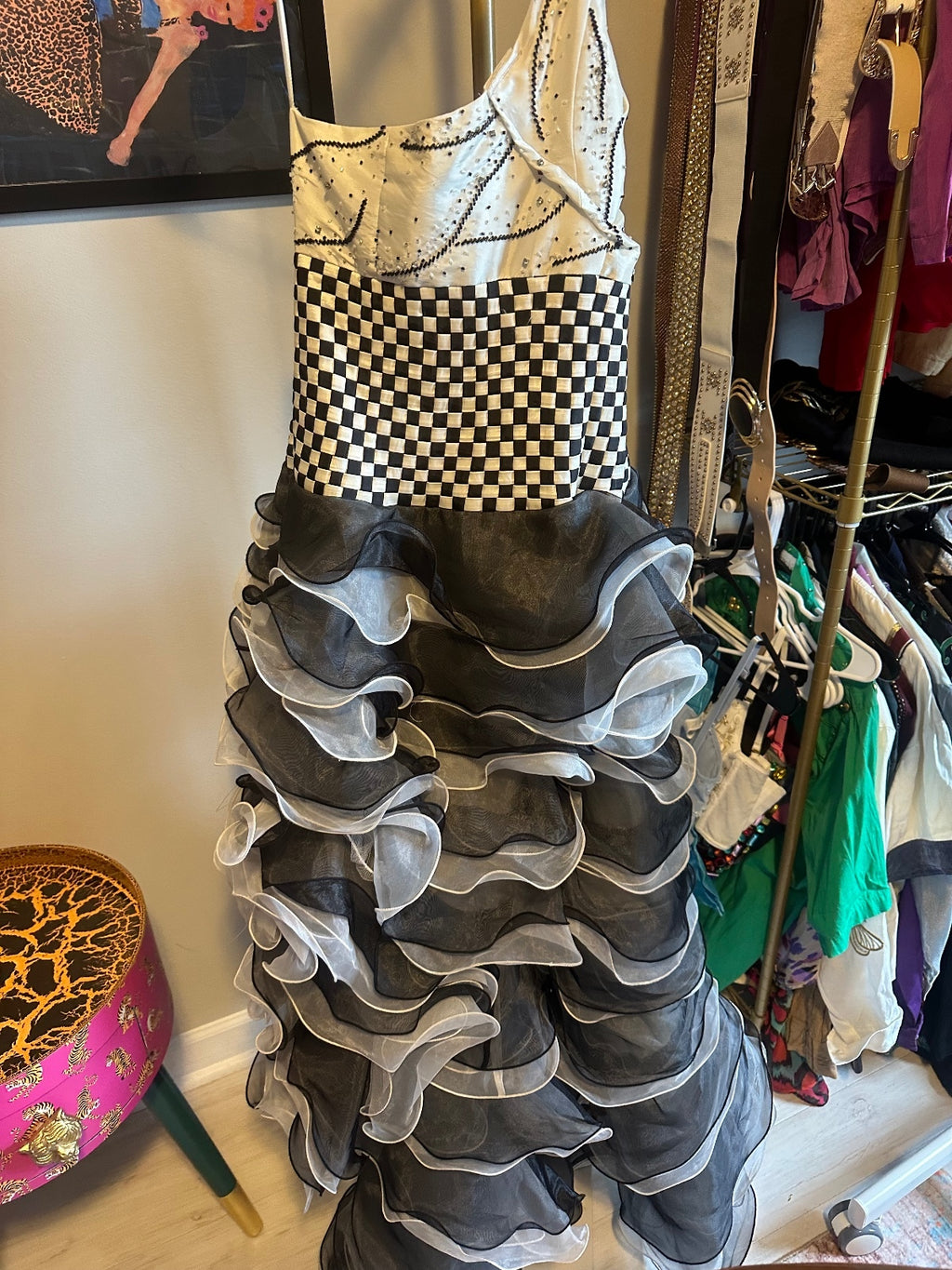 Vintage White & Black Ruffled Evening Gown