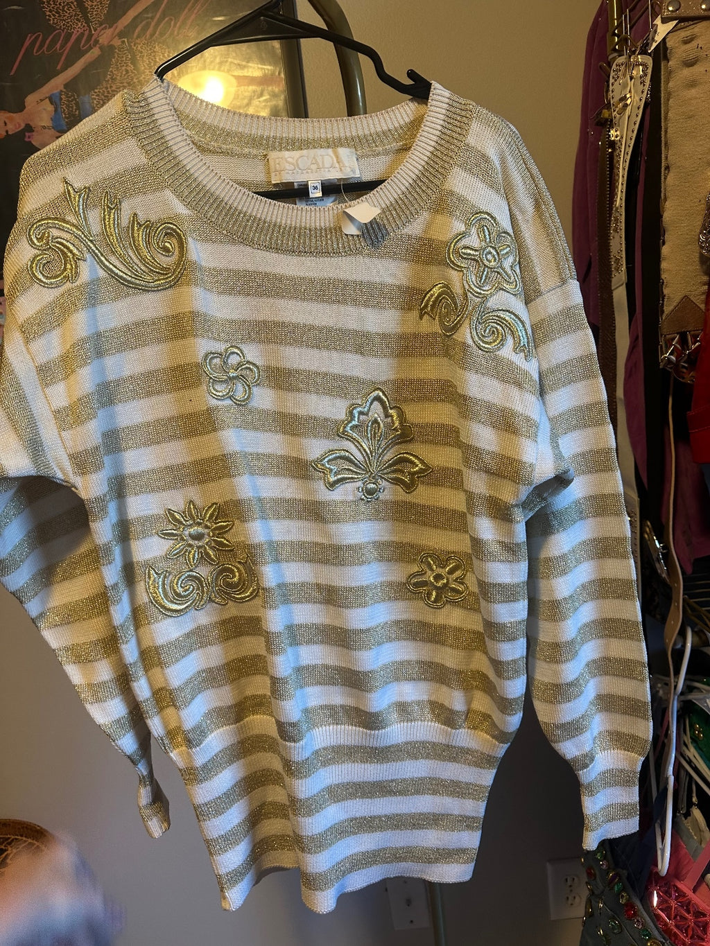 Vintage Escada Cream & Beige Striped Embroidered Sweater 36