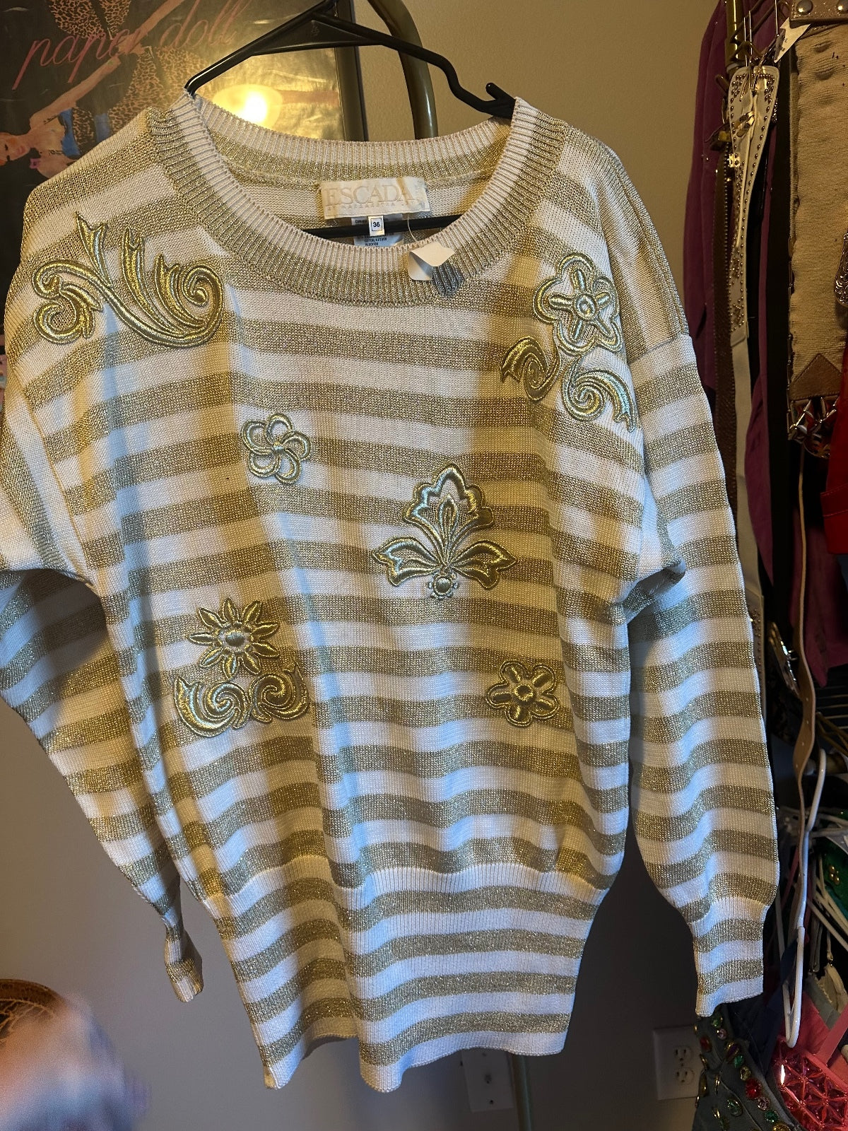Vintage Escada Cream & Beige Striped Embroidered Sweater 36