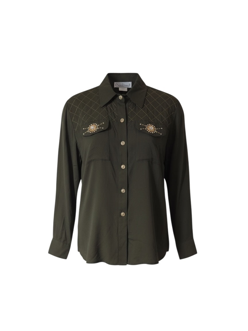 Saint Germain Vintage Olive Western Rhinestone Embellished Button-Front Shirt